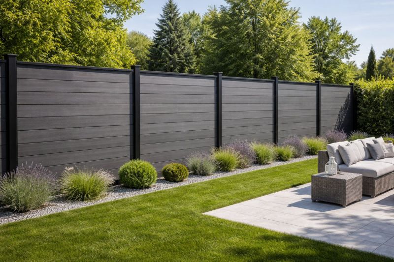 A modern gray composite fence with horizontal boards — the composite fence guide covers composite fence repair and how to install a composite fence