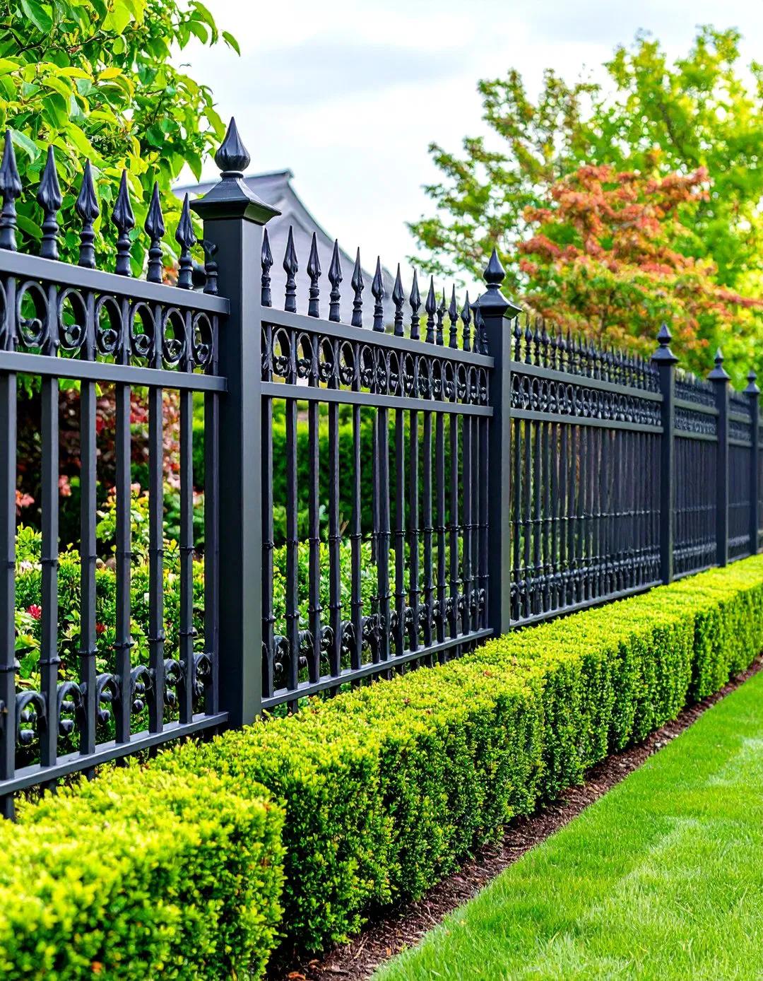 A black wrought iron fence with spear-point pickets along a garden hedge — the iron fence guide covers wrought iron fence repair and rust removal
